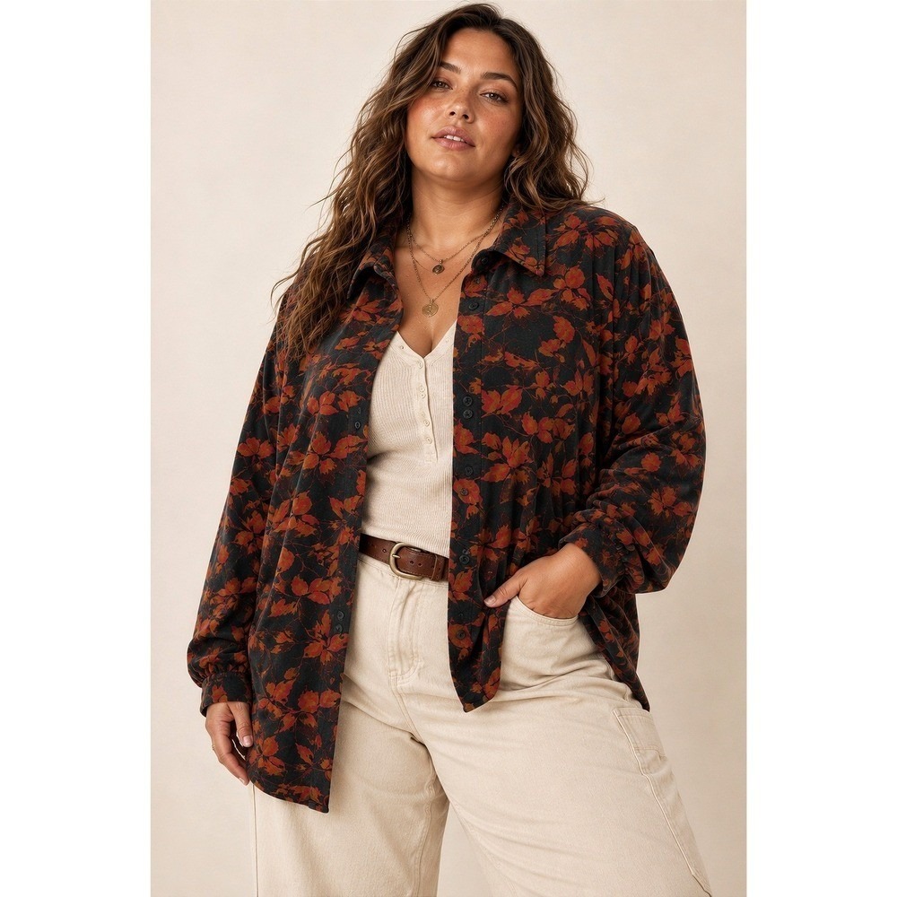 Capacity Knits Leaf Print Velvet Button Up Shirt 2X Vtg 90s Soft Grunge Fallcore